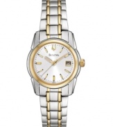 Harmonious style by Bulova. This watch features a goldtone and silvertone stainless steel bracelet and round case. White sunray dial with goldtone stick indices, logo and date window. Quartz movement. Water resistant to 30 meters. Three-year limited warranty.