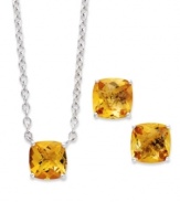 A fun and colorful update to your wardrobe, this matching pendant and earrings set features cushion-cut citrine (5 ct. t.w.) set in sterling silver. Approximate length: 18 inches. Approximate drop (pendant): 1/4 inch. Approximate drop (earrings): 1/4 inch.