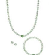 A fun update to your accessory collection, this matching set features a necklace, stretch bracelet and stud earrings crafted from green jade quartz (6-8 mm) and crystal beads. Set in sterling silver. Approximate length (necklace): 18 inches. Approximate length (bracelet): 7 inches. Approximate diameter: 1/3 inch.