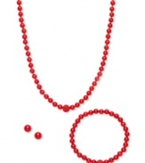 A fun update to your accessory collection, this matching set features a necklace, stretch bracelet and stud earrings crafted from coral quartz (6-8 mm) and crystal beads. Set in sterling silver. Approximate length (necklace): 18 inches. Approximate length (bracelet): 7 inches. Approximate diameter: 1/3 inch.
