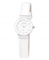 A beautiful, monochromatic watch that goes with every look, by Skagen Denmark. Smooth white leather strap and round stainless steel case. White dial with Swarovski crystals at indices and logo. Quartz movement. Water resistant to 30 meters. Limited lifetime warranty.