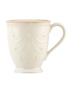 With fanciful beading and an antiqued edge, this mug from the Lenox French Perle white dinnerware collection has an irresistibly old-fashioned sensibility. Hard-wearing stoneware is dishwasher safe and, in soft white hue, a graceful addition to every meal. Qualifies for Rebate