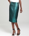 In a shimmering emerald hue, Tibi's jacquard pencil skirt lends a brilliant look for fall.