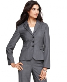 A work wardrobe essential: the pinstriped jacket. Calvin Klein gives this one a three-button closure and a tailored fit.
