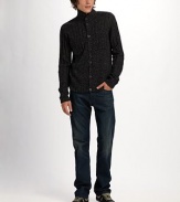 A new-look sweater for downtown guys, shaped with wide ribbing and a unique buttonfront. Leather elbow patches and placket trim add smart tonal detail. Buttonfront Chest patch pockets Leather elbow patches and placket trim 50% acrylic/30% wool/20% linen Dry clean Imported 