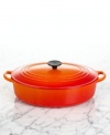 Also known as a Dutch oven, this versatile vessel is ideal for fork-tender dinners cooked slowly over low heat. The handsome enameled cast iron surface is resilient and retains heat like no other metal, making it perfect for oven-to-table serving. Limited lifetime warranty.