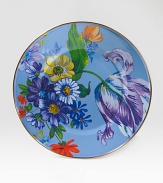 A vibrant bouquet of flowers blossoms on an enameled steel plate, hand decorated to create the ideal touch of color on a summertime table. From the Flower Market Collection Front and back design Bronzed stainless steel rim 10 diam. Dishwasher safe Imported 