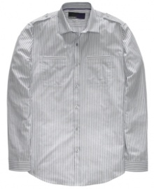 Stripes on this button-front American Rag shirt provide a classic look that never goes out of style. Stripes on this button-front American Rag shirt provide a classic look that never goes out of style.
