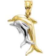 Make an extra big splash this summer. This adorable double dolphin pendant is crafted in 14k gold and sterling silver. Approximate length: 9/10 inch. Approximate width: 6/10 inch.