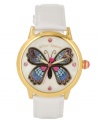 Take the time to defy gravity. Watch by Betsey Johnson crafted of white leather strap and round gold tone mixed metal case. White mother-of-pearl dial features multicolor butterfly graphic, pink dot markers at twelve, three, six and nine o'clock, gold tone hour and minute hands, signature fuchsia second hand and logo at twelve o'clock. Quartz movement. Water resistant to 30 meters. Two-year limited warranty.