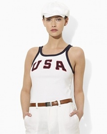 A casual scoopneck tank in soft cotton jersey is embellished with bold country embroidery in celebration of Team USA's participation in the 2012 Olympics.