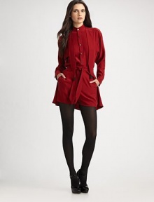 Breezy silk-de-crepe flows around the figure in a flared double-layer silhouette.Tie-front cape overlay High-waisted Zip-fly Side slit pockets Rise, about 14 Inseam, about 2½ Silk Dry clean Imported Breezy silk-de-crepe flows around the figure in a flared double-layer silhouette.Tie-front cape overlay High-waisted Zip-fly Side slit pockets Rise, about 14 Inseam, about 2½ Silk Dry clean Imported