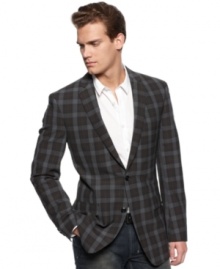 Preppy plaid gets a jolt of modern style with this slim-fit blazer from DKNY.