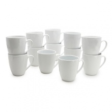 Set of 12 clean, white mugs - perfect for catering, large groups or everyday, easy use! Comes in a great cardboard box with handles for storage or transporting. Dishwasher and microwave safe. Set of 12 clean, white mugs - perfect for catering, large groups or everyday, easy use! Comes in a great cardboard box with handles for storage or transporting. Dishwasher and microwave safe.