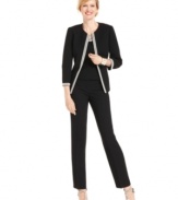 With an inlaid pearl trim, Tahari by ASL's shell and pantsuit creates a look that's charmingly feminine yet completely sophisticated.
