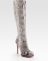 Textured python with a skinny heel and subtle island platform. Self-covered heel, 5½ (140mm)Island platform, ½ (15mm)Compares to a 5 heel (125mm)Shaft, 17½Leg circumference, 14Python upperLeather liningSignature red leather solePadded insoleMade in ItalyOUR FIT MODEL RECOMMENDS ordering one half size up as this style runs small. 