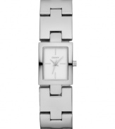 Streamlined steel highlights a linked bracelet on this DKNY watch.