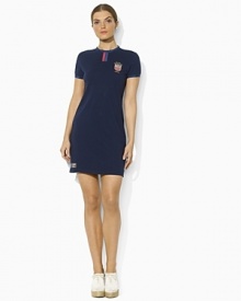 Celebrating Team USA's participation in the 2012 Olympics, an effortlessly chic short-sleeved dress is rendered from light-as-air cotton jersey with lustrous silk trim and bold country embroidery. Celebrating Team USA's participation in the 2012 Olympics, an effortlessly chic short-sleeved dress is rendered from light-as-air cotton jersey with lustrous silk trim and bold country embroidery.
