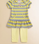 A soft terry tunic adorned with prominent stripes and convenient pockets tops a wear-everywhere basic.Envelope necklineShort cap sleevesPullover styleKangaroo pocketsSkirted hemElastic waistbandGraphic embroideryTunic: 80% cotton/20% polyesterLeggings: 94% cotton/6% spandexMachine washImportedAdditional InformationKid's Apparel Size Guide 
