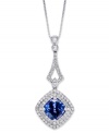 Sparkling perfection. This chic, cushion-shaped pendant features a tanzanite center stone (1 ct. t.w.) surrounded by rows of round-cut diamonds (1/3 ct. t.w.). Set in 14k white gold. Approximate length: 18 inches. Approximate drop: 1 inch.