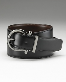 Salvatore Ferragamo Gunmetal Gancini reversible belt. Rich leather. Ferragamo is engraved on the buckle.