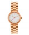 Warm your heart. Sweet watch by Betsey Johnson crafted of rose-gold tone stainless steel bracelet and round case. White dial features rose-gold tone numerals at twelve and six o'clock, heart marker at four o'clock, rose-gold tone hour and minute hands, signature fuchsia second hand and logo. Quartz movement. Water resistant to 30 meters. Two-year limited warranty.