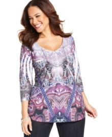 Punch up your casual look with One World's sublimated-print plus size top! Punch up your casual look with One World's sublimated-print plus size top!