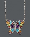 Take your look to new heights with this fluttering butterfly. Multistone pendant features amethyst (2-1/5 ct. t.w.), citrine (1-9/10 ct. t.w.), garnet (5/8 ct. t.w.), peridot (1-3/8 ct. t.w.) and Swiss blue topaz (3-1/2 ct. t.w.) with sparkling diamond accents. Setting and chain crafted in sterling silver. Approximate length: 18 inches. Approximate drop: 1-1/4 inches.
