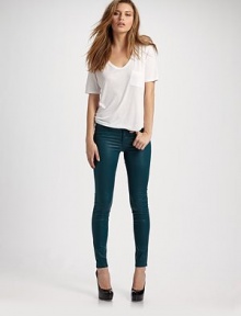 Sassy, curve-hugging style features a low-rise fit and skinny-leg construction. THE FITLow-rise Skinny leg Rise, about 8 Inseam, about 27THE DETAILSZip fly Button closure Two-pocket style 98% cotton/2% spandex Dry clean Made in USA of imported fabric Sassy, curve-hugging style features a low-rise fit and skinny-leg construction. THE FITLow-rise Skinny leg Rise, about 8 Inseam, about 27THE DETAILSZip fly Button closure Two-pocket style 98% cotton/2% spandex Dry clean Made in USA of imported fabric