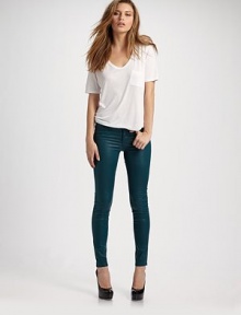 Sassy, curve-hugging style features a low-rise fit and skinny-leg construction. THE FITLow-rise Skinny leg Rise, about 8 Inseam, about 27THE DETAILSZip fly Button closure Two-pocket style 98% cotton/2% spandex Dry clean Made in USA of imported fabric