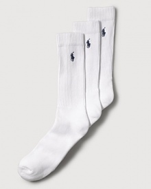 Polo Ralph Lauren set of three stretch cotton crew socks feature a cushioned foot and ribbed top. Polo player embroidered detail. Three pairs of socks per pair. Polo Ralph Lauren set of three stretch cotton crew socks feature a cushioned foot and ribbed top. Polo player embroidered detail. Three pairs of socks per pair.