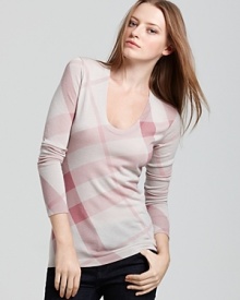 Crafted with muted hues in a soft, luxe wool-cashmere knit, this check-splashed sweater exudes feminine sophistication. From Burberry Brit. Crafted with muted hues in a soft, luxe wool-cashmere knit, this check-splashed sweater exudes feminine sophistication. From Burberry Brit.