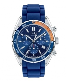 A traditional sport profile gets a punch of energy from bold color. Watch by ESQ by Movado crafted of blue silicone bracelet and round stainless steel case with blue and orange aluminum bezel. Blue chronograph dial features applied silver tone stick indices, minute track, date window at four o'clock, three subdials, luminous hands and logo. Quartz movement. Water resistant to 30 meters. Two-year limited warranty. A traditional sport profile gets a punch of energy from bold color. Watch by ESQ by Movado crafted of blue silicone bracelet and round stainless steel case with blue and orange aluminum bezel. Blue chronograph dial features applied silver tone stick indices, minute track, date window at four o'clock, three subdials, luminous hands and logo. Quartz movement. Water resistant to 30 meters. Two-year limited warranty.