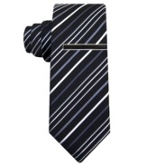 Hints of color stand out among the stripes in this Alfani skinny tie that's sure to get you noticed. Tie bar included.