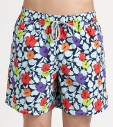A vibrant floral print adorns these quick-dry trunks, complete with drawstring waist and back eyelets to avoid a ballooning effect.Drawstring elastic waistBack flap pocket with grip-tape closureMesh liningPolyamideMachine washImported