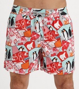 A lively penguin print adorns these quick-dry trunks, complete with a drawstring waist and back eyelets to avoid a ballooning effect.Drawstring elastic waistBack flap pocket with grip-tape closureMesh liningPolyamideMachine washImported