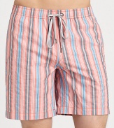 Be ready to hit the beach and beyond in these crisp, striped swim trunks, set in quick-drying nylon.Drawstring waistZip flySide slash, back welt pocketsFully linedInseam, about 766% cotton/34% nylonMachine washImported