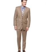 A must-have for every man, this tan sharkskin suit from Michael Kors is ready for the office and beyond.