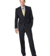 A traditional suit marked by unexpected luxury. Woven in a fine, comfy wool, this two-button suit has a soft feel an handsome drape. Jacket features a notched lapel, chest welt pocket and front flap pockets. Four-button detail at cuff. Center back vent. Double-reverse pleated pant has quarter-top front pockets for a modern touch. Zip fly with extended-tab closure. Back besom pockets. Unfinished hem. Jacket and pant sold together.