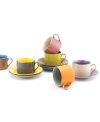 Perk right up with cappuccino cups and saucers glazed in cheerful solid colors. Sparkling platinum accents contrast shades of yellow, blue, orange and pink. From Classic Coffee & Tea by Yedi.