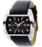 Ultrasleek and modern, this watch keeps timely style in the office and on the weekends. Black dial with silvertone markers and three-hand function. Date window. Black leather strap. Water resistant to 100 meters. 2-year warranty.
