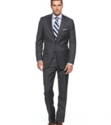 Searching for a look that's at once classic and cutting-edge? Look no further than this sleek charcoal plaid suit from Tasso Elba.