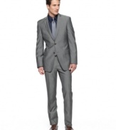 Not sure if the suit makes the man? Try on this slim-fit taupe sharkskin style from DKNY and see if you don't feel like a winner.
