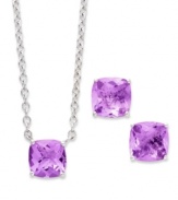 A fun and colorful update to your wardrobe, this matching pendant and earrings set features cushion-cut pink amethyst (5 ct. t.w.) set in sterling silver. Approximate length: 18 inches. Approximate drop (pendant): 1/4 inch. Approximate drop (earrings): 1/4 inch.