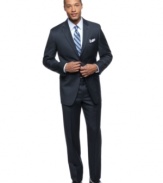 Timeless sophistication and formal style go hand in hand with this navy pindot suit from Jones New York.
