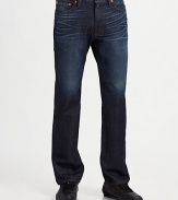 A relaxed, straight-leg fit in dark-washed denim characterized by light sanding, a hint of whiskering and subtle grinding. Five-pocket style Low rise Leather logo patch on back waist Inseam, about 36 Cotton Machine wash Made in USA 