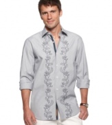 Add some energy to your vacation style with this button-front shirt from Cubavera.