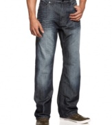 A dark wash and wrinkled details give these Sean John jeans a hip rugged style.