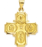 Keep the faith. This stunning four-way medal charm depicts four religious scenes including the Sacred Heart, St. Christopher, Miraculous and St. Joseph. Text reads I am a Catholic, please call a priest at the back. Crafted in 14k gold. Chain not included. Approximate length: 1-3/10 inches. Approximate width: 1 inch.