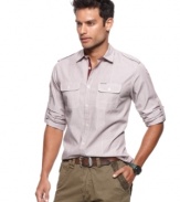 The ideal shirt to complement your happy hour look, this woven from Marc Ecko Cut & Sew is a casual staple.